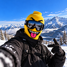 GoofHead Classic Smile ski mask worn with goggles in the mountains