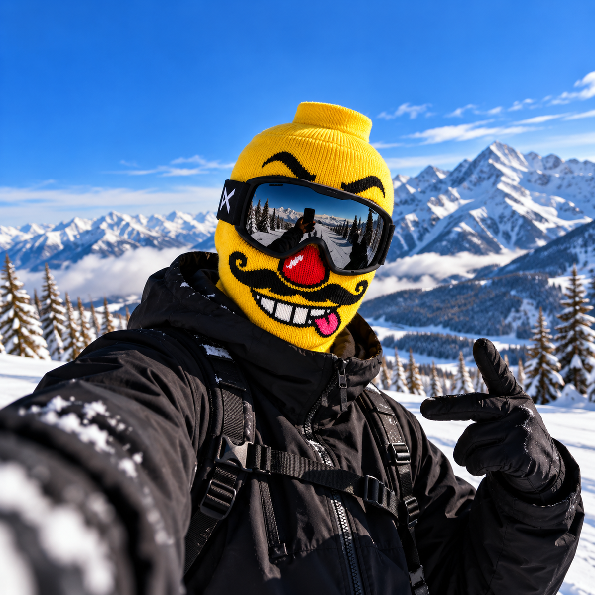 GoofHead Mustache ski mask worn with goggles in the mountains