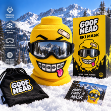 GoofHead Ski Mask with goggles, packaging and drawstring bag in snow